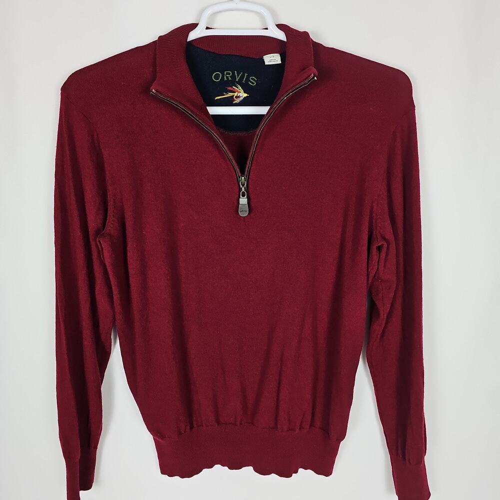 Orvis 100% Merino Wool Men’s Red Quarter Zip Pullover Sweater Comfort, Size: L
